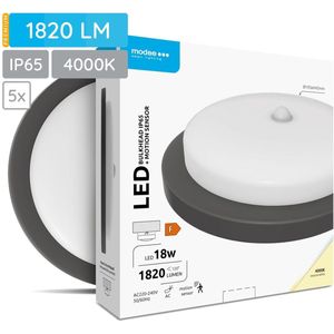 Modee Led Bulkhead Plafondlamp 18W met Beweginssensor PIR - IP65 - Ø19.5cm - Neutraal Wit - Wandlamp - Rond - Zwart - 5 Stuks