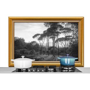 Spatscherm keuken 120x80 cm - Kookplaat achterwand Italiaans landschap parasoldennen - Hendrik Voogd - Lijst - Goud - Muurbeschermer - Spatwand fornuis - Hoogwaardig aluminium