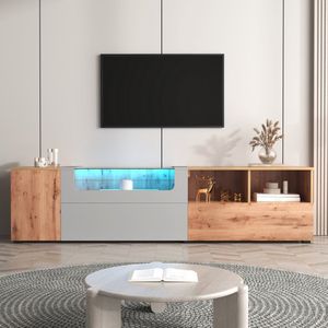 Sweiko TV kasten, lowboards, woonkamer meubels in lichtgrijs en houtkleuren. Natuurlijke landelijke stijl. Met kleurveranderende LED-verlichting en glaspaneel met compartimenten en deuren
