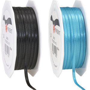 Cadeaulint/sierlint pakket - zwart/turquoise blauw - 3 mm x 50 meter - Hobby/decoratie/knutselen