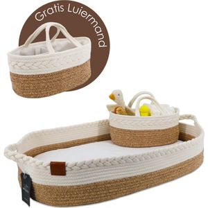 Muuzey Verschoonmand whitebrown incl. luiermand - Mozesmand - Verschoonmand XL - Incl. Extra comfortabel Matras en Matrashoes - Aankleedkussen - Luxe Verschoonmand - Verschoonkussen - Changing Basket - Handgemaakt