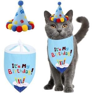 Poezen verjaardagset 2-delig It's my Birthday blauw met feestmuts en bandana - poes -kat - verjaardag - poezen - bandana