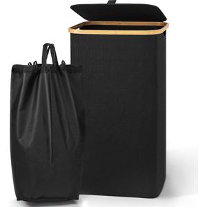Opvouwbare Wasmand 100L met Deksel - Grote Laundry Basket - Kledingmanden van Oxford Doek - Opbergdoos met Bamboo Handgrepen - Wasverzamelaar - Zwarte 54 * 33 * 29cm