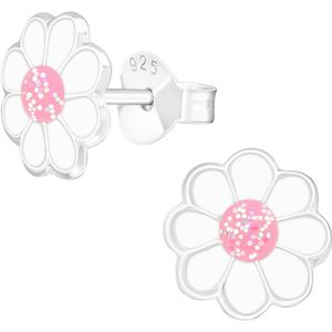 Joy|S - Zilveren madelief bloem oorbellen - 8 mm - wit met roze en kleine glittertjes - kinderoorbellen