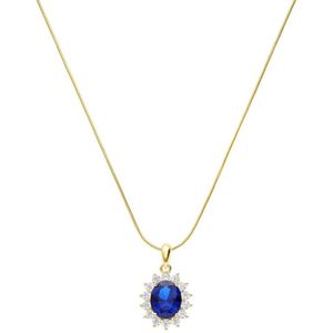 Lucardi Dames Zilveren goldplated ketting met hanger entourage blauw/wit - Ketting - 925 Zilver - Goudkleurig - 48 cm