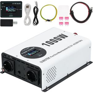 Omvormer 1000W / 2000W - Zuivere Sinus - DC 12V naar AC 230V met Afstandsbediening, LCD-Display en Meerdere Aansluitingen