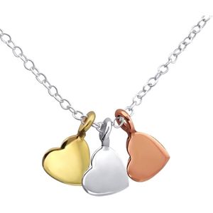 Joy|S - Zilveren hartje ketting - 3 hartjes - tri color - 45 cm - voor jong volwassenen / kinderen