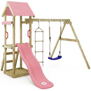 WICKEY speeltoestel klimtoestel TinyCabin met schommel & pastelroze glijbaan, outdoor klimtoren voor kinderen met zandbak, ladder & speelaccessoires voor de tuin