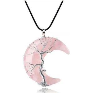 ASTRADAVI Kristal Halve Maan - Hanger - Positieve Energie Chakra Kristal Edelstenen - Zilverkleurige Kooi - met Zwart Vegan Lederen Koord - Roze Quartz - Cadeau Idee