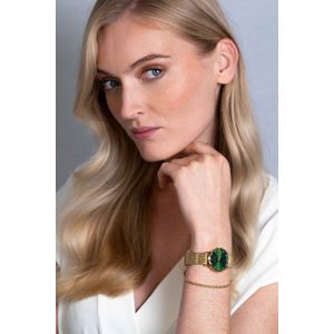 ZINZI Lady Crystal horloge groene wijzerplaat, geelgoudkleurige kast en stalen mesh band, witte crystals bij uuraanduiding, 28mm extra dun ZIW635M