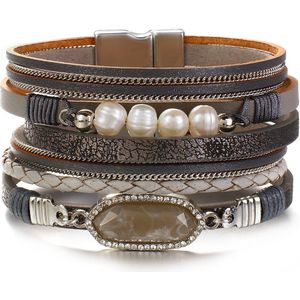 Sorprese armband - Pearl - armband dames - leer - wikkelarmband - parel - cadeau - Model R - Cadeau