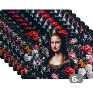 Placemat - Placemats kunststof - Mona Lisa - Da Vinci - Bloemen - Schilderij - 45x30 cm - 6 stuks - Hittebestendig - Anti-Slip - Onderlegger - Afneembaar
