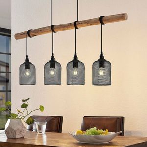 Lindby - hanglamp - 4 lichts - ijzer, hout - E27 - mat zwart, hout licht