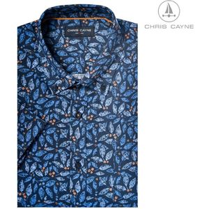 Chris Cayne heren overhemd - overhemd heren - maat L - kleur blauw/bruin - korte mouwen - geprint shirt - borstzak - button down kraag