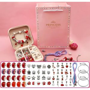 Loha-party®68 stuks Prince Bedelarmband Making Kit- Rode liefdesthema Armbanden sieraden-compleet sieradendoos- zelf maken ketting-Bedelarmbandenset-Verjaardagscadeau-Meisjes Knutselsets-Meisjescadeaus voor 5-13 jaar Verjaardag,Kerstmis