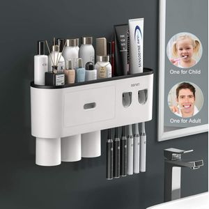 TuCao Dubbele automatische tandpasta-dispensers knijp-kit met tandenborstelhouder. Wandmontage, grote opbergorganizer met 6 tandenborstelsleuven, 3 magnetische bekers en cosmetische organiseer lade (3 bekers)