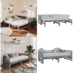 vidaXL Bedbank uitschuifbaar massief grenenhout grijs 2x(90x200) cm - Bedbank - Bedbanken - Bed Bank - Bed Banken