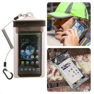 Cheqo® Telefoonbeschermer - Telefoonhouder- Universele Telefoon Protector voor Klussen - Waterbestendig & Stofbestendig - 100% Functioneel - Met Elastisch Anti-Drop Koord - Geschikt voor bijna alle Mobiele Telefoons - 21 x 11 cm