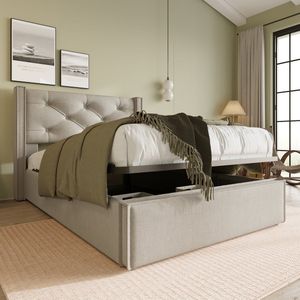 KOMHTOM Eenpersoonsbed 90x200 cm met metalen lattenbodem Lichtgrijs katoen Gestoffeerd bed