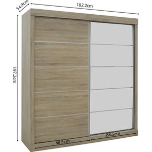 Schuifdeurkast Graham Sonoma - Breedte 182.5 cm - Hoogte 197.5 cm - Diepte 52.5 cm - Met hanggedeelte - Met planken - Met schuifdeur