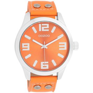 OOZOO Timepieces - Zilverkleurige OOZOO horloge met fluo oranje leren band - C1072