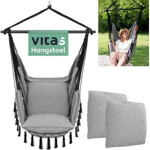 Vita5 XXL Hangstoel | Binnen&Buiten Hangnest | Incl. 2 Kussens en Boekenvak | Volwassenen&Kinderen | Hangmatstoel tot 200kg | Grijs zonder Ophangysteem