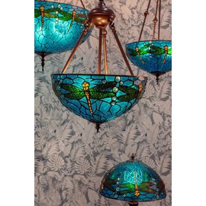 LumiLamp Hanglamp Tiffany Ø 41*170cm E27/max 2*60W Blauw, Groen, Geel Metaal, Glas Libelle Hanglamp Eettafel Hanglampen Eetkamer Glas in Lood