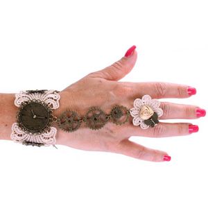 KIMU Armband Kant Creme met Ring - Great Gatsby Roaring Twenties 2 - Peaky Blinders Charleston Kanten Brocante Bloem Jugendstil Art Deco Gebroken Wit Witte Ketting Victoriaans Steampunk Sexy Festival