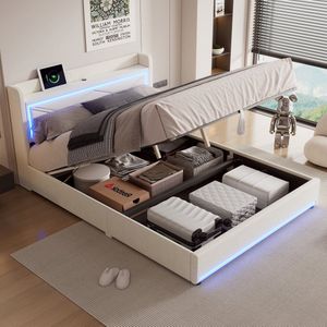 Sweiko 160*200cm Tweepersoonsbed, Sfeervol licht aan het einde van het bed, verstelbare app, Bed kan omhoog en omlaag, USB-poort aan het hoofdeinde van het bed, Grote opbergruimte, Beige