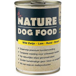 Nature Dog Food - Wild Zwijn, Lam, Rund & Bramen- 60% (vers) vlees - graan vrij - natuurlijke ingrediënten - blik - 400 gram