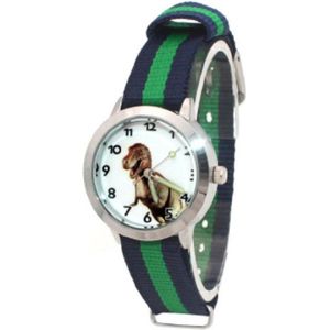 Dinosaurus horloge - Dino Watch blauw/groen - Kinderen - Nylon band - analoog - 30 mm - I-deLuxe verpakking