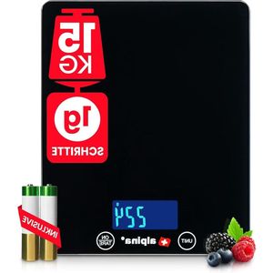 Digitale keukenweegschaal tot 15 kg - plat design - gehard glazen bodem - zwart