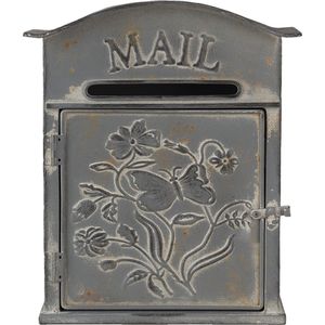 HAES DECO - Brievenbus vintage grijs metaal met bloemen en vlinder en tekst ""MAIL"", formaat 26x10x31 cm