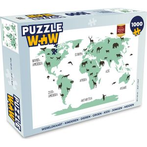 Puzzel Wereldkaart - Kinderen - Dieren - Groen - Kids - Jongen - Meiden - Legpuzzel - Puzzel 1000 stukjes volwassenen