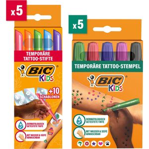 BIC Kids - Tijdelijke tattoo set voor kinderen - Dermatologisch Getest - Set van 5 Markers + 10 Stencils + 5 Stempels
