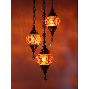 Turkse Lamp - Hanglamp - Mozaïek Lamp - Marokkaanse Lamp - Oosters Lamp - ZENIQUE - Authentiek - Handgemaakt - Kroonluchter - Rood/ oranje - 3 bollen