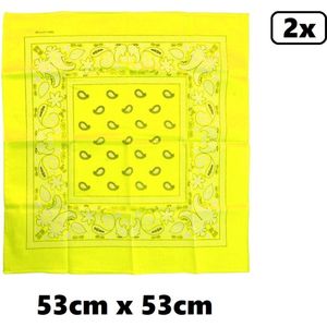 2x Zakdoek fluor geel met motief 53cm x 53cm - zakdoek bandana boeren carnaval feest sjaal festival themafeest