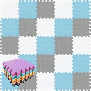 Speelmat zacht EVA-schuim voor baby's op de grond - puzzelstukken stapelbaar - opvouwbaar - 18 tegels - 30 x 30 x 1 cm - wit blauw grijs