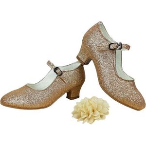 Goud glitter Prinsessen Communie schoenen Spaanse schoenen met hakken + GRATIS bloemclips (maat 24 - 17cm)