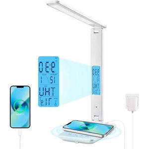 Bureaulamp dimbaar LED met klok- 3 kleuren en 5 helderheidsniveaus- oogvriendelijke Bedside lamp- draadloos opladen en USB-poort- smartphone bedlampje- draadloze oplader- tafellamp