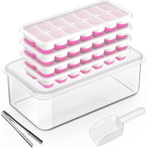 4 PACK Silicone Ice Cube Mould met deksel en tang - 56 ijsblokjesvorm - Babyvoeding Diepvriescontainer - Roze