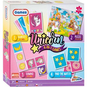 Spellendoos 4in1 Unicorn - Eenhoorn Spellen - Unicorn Puzzel Kwartet Memory Domino spel - Cadeautip Kinderfeestje Unicorn - Kerstcadeau Meisje - Unicorn Speelgoed - Unicorn Spellendoos - Eenhoorn Speelgped -