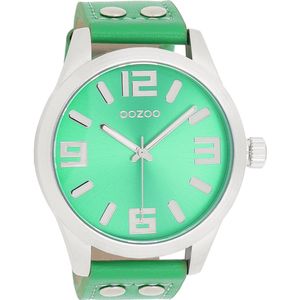 OOZOO Timepieces - Zilverkleurige horloge met groene leren band - C1077