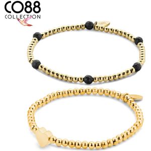 CO88 Collection 8CO-SET106 Stalen Sieraden Set - Dames - 2 Armbanden - Bolletjes - Rekbaar - One size (19 cm) - Hartje - Zwart natuursteen - Staal - Goudkleurig