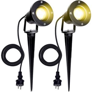 Set van 2 LED Tuinspot met Grondspies - GU10 Fitting - Tuinverlichting met Stekker - Buitenverlichting Prikspots - Waterdicht IP65 - Warm Wit