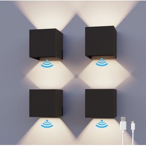 Calex Oplaadbare Wandlamp Kubus - 4 Stuks - Up & Down Tuinverlichting - Modern Design - Warm Wit Licht - Voor Binnen en Buiten - Waterdicht - Eenvoudige Installatie - Draadloos - USB-C Oplaadbaar - Bewegingssensor - Zwart
