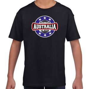 Have fear Australia is here t-shirt met sterren embleem in de kleuren van de Australische vlag - zwart - kids - Australie supporter / Australisch elftal fan shirt / EK / WK / kleding 158/164