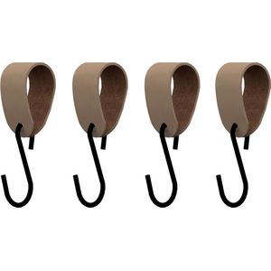 S-haakje Zwart + leren hanger: TAUPE - Maat S - set van 4- HOYA Living (S-haakjes - kapstokhaakje - handdoekhaakje - kapstokhaak - ophanghaken - S-haken)