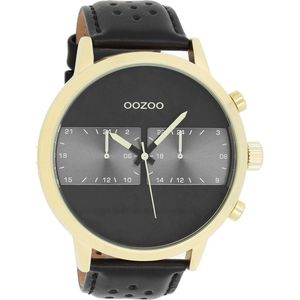 OOZOO Timepieces - Goudkleurige horloge met zwarte leren band - C10516