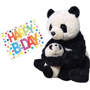 Pluche Knuffel Panda Beer met Baby 38 cm met A5-size Happy Birthday Wenskaart
